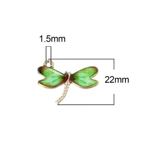 Charms, Dragonfly, Single-Sided, Golden, Green, Enameled, Alloy, 22mm