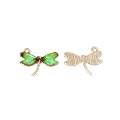 Charms, Dragonfly, Single-Sided, Golden, Green, Enameled, Alloy, 22mm