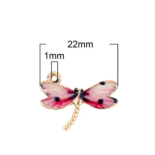 Charms, Dragonfly, Single-Sided, Golden, Pink, Black, Enameled, Alloy, 22mm