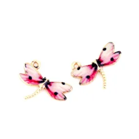 Charms, Dragonfly, Single-Sided, Golden, Pink, Black, Enameled, Alloy, 22mm