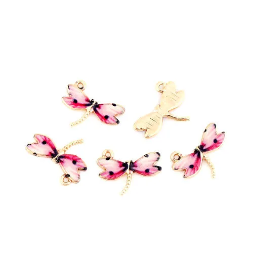 Charms, Dragonfly, Single-Sided, Golden, Pink, Black, Enameled, Alloy, 22mm