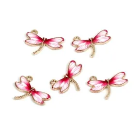 Charms, Dragonfly, Single-Sided, Golden, Pink, White, Enameled, Alloy, 22mm