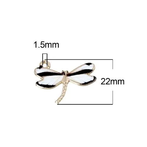 Charms, Dragonfly, Single-Sided, Golden, White, Black, Enameled, Alloy, 22mm