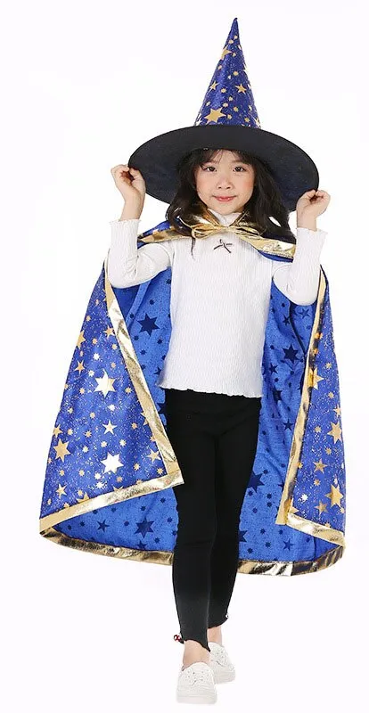 Children Halloween Costumes Wizard Witch Cloak Cape Robe with Pointy Hat Girls Boys Cosplay Props Kids Birthday Party Supplies