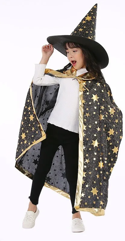 Children Halloween Costumes Wizard Witch Cloak Cape Robe with Pointy Hat Girls Boys Cosplay Props Kids Birthday Party Supplies