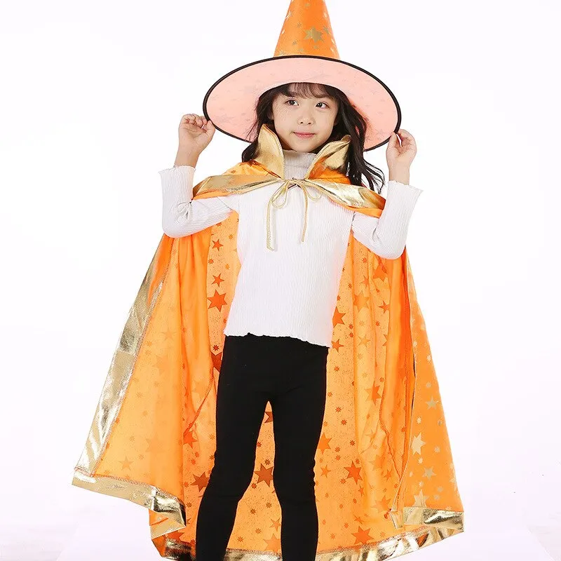 Children Halloween Costumes Wizard Witch Cloak Cape Robe with Pointy Hat Girls Boys Cosplay Props Kids Birthday Party Supplies