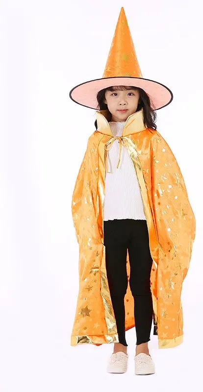 Children Halloween Costumes Wizard Witch Cloak Cape Robe with Pointy Hat Girls Boys Cosplay Props Kids Birthday Party Supplies