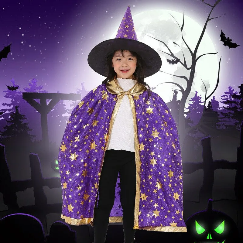 Children Halloween Costumes Wizard Witch Cloak Cape Robe with Pointy Hat Girls Boys Cosplay Props Kids Birthday Party Supplies