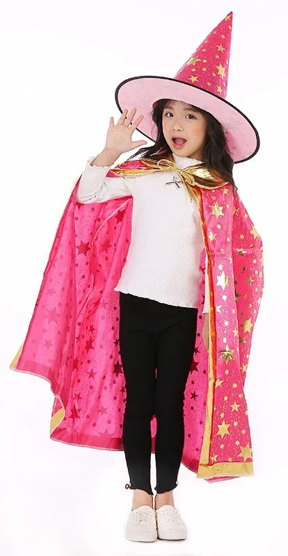 Children Halloween Costumes Wizard Witch Cloak Cape Robe with Pointy Hat Girls Boys Cosplay Props Kids Birthday Party Supplies