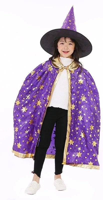 Children Halloween Costumes Wizard Witch Cloak Cape Robe with Pointy Hat Girls Boys Cosplay Props Kids Birthday Party Supplies