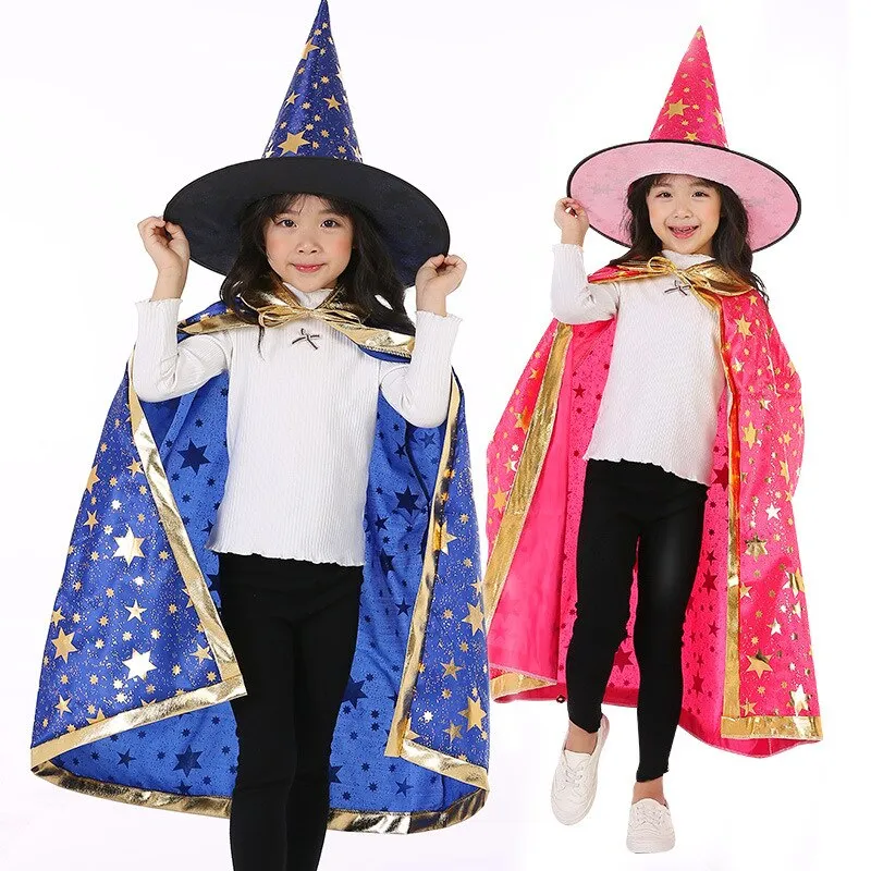 Children Halloween Costumes Wizard Witch Cloak Cape Robe with Pointy Hat Girls Boys Cosplay Props Kids Birthday Party Supplies