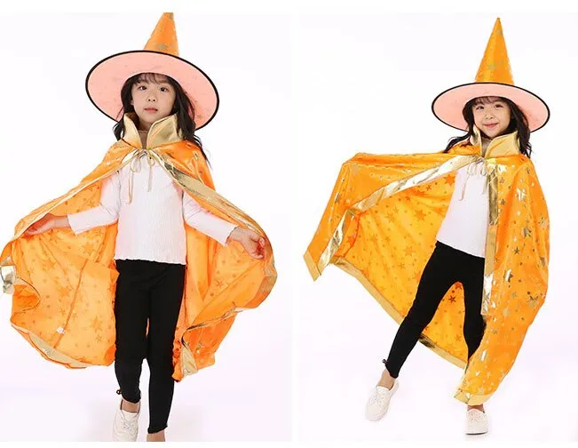 Children Halloween Costumes Wizard Witch Cloak Cape Robe with Pointy Hat Girls Boys Cosplay Props Kids Birthday Party Supplies