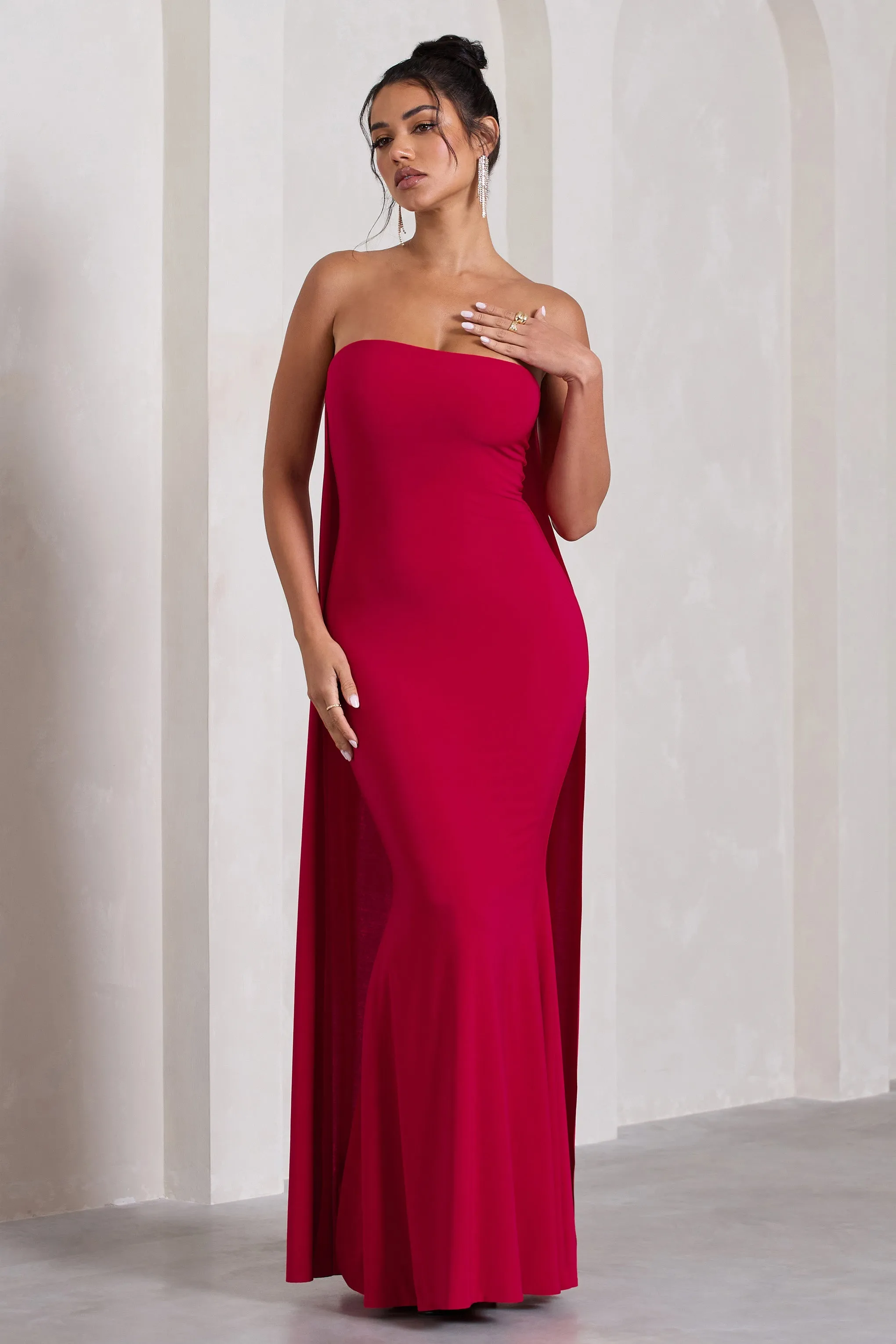 Christina | Red Bandeau Sleeveless Maxi Dress With Cape