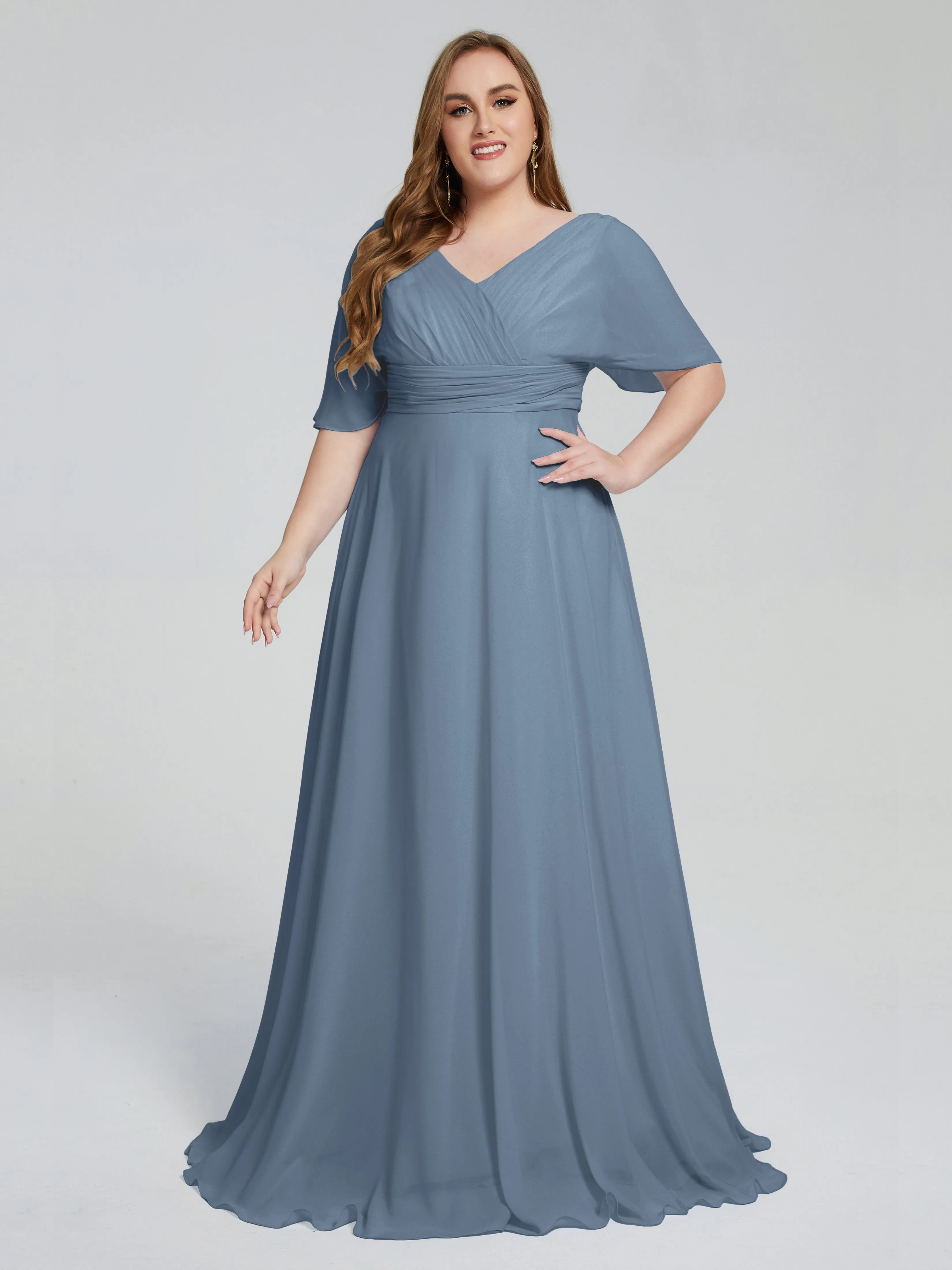 Daniela Balayage Traîne Manches Courtes Mousseline Robes Demoiselle d'Honneur Grande Taille