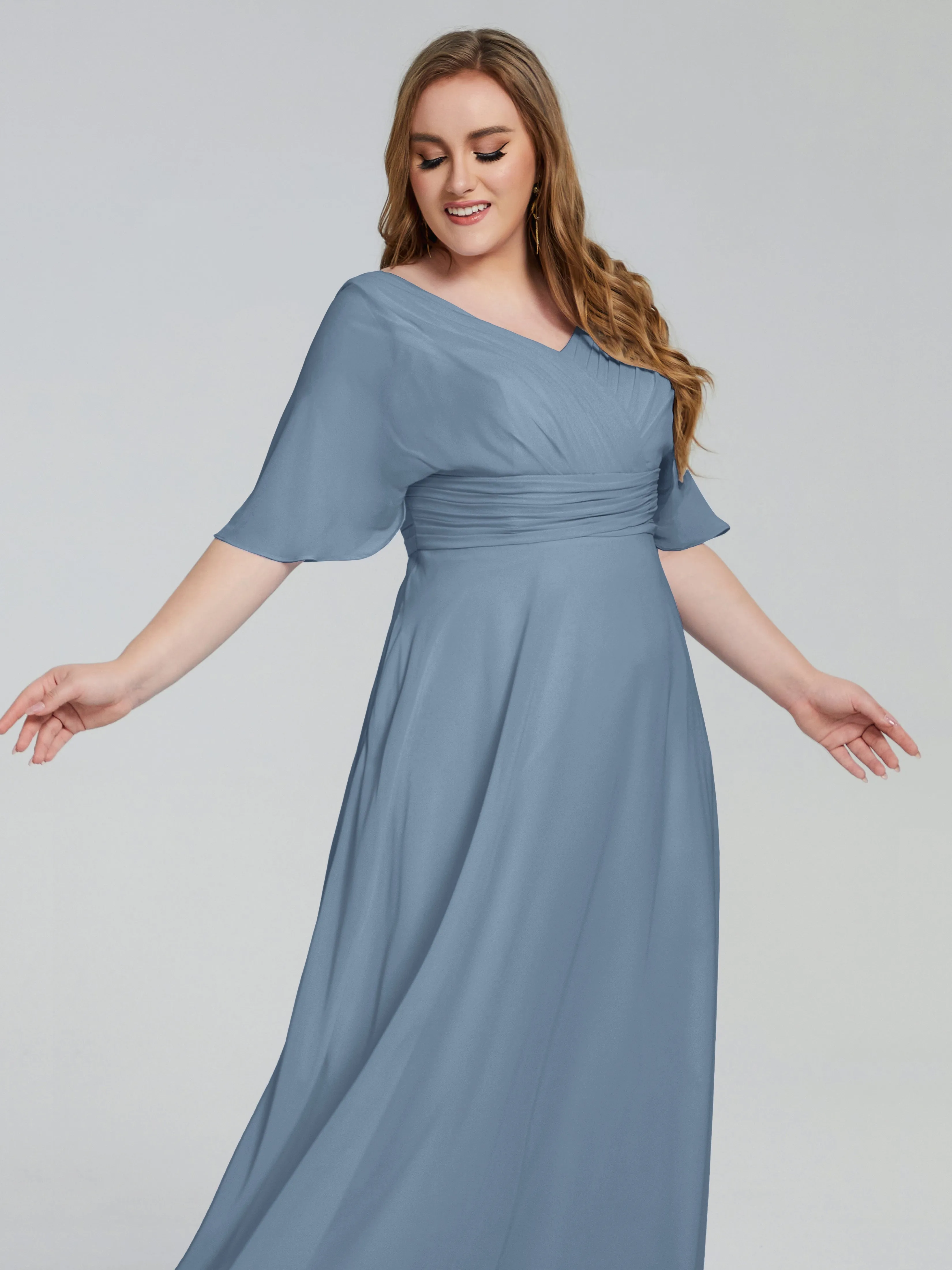 Daniela Balayage Traîne Manches Courtes Mousseline Robes Demoiselle d'Honneur Grande Taille