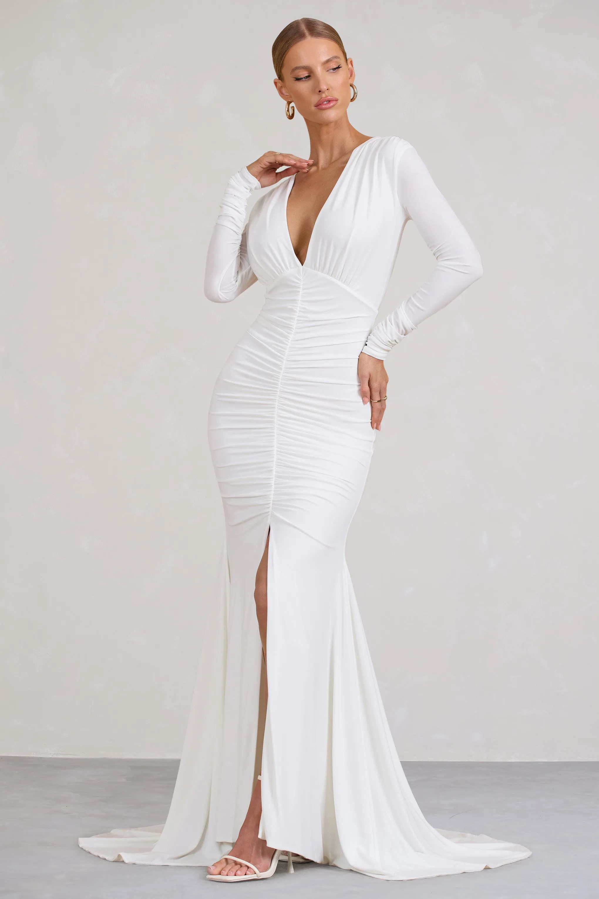 Demure | White Ruched Long-Sleeved Split Fishtail Maxi Dress