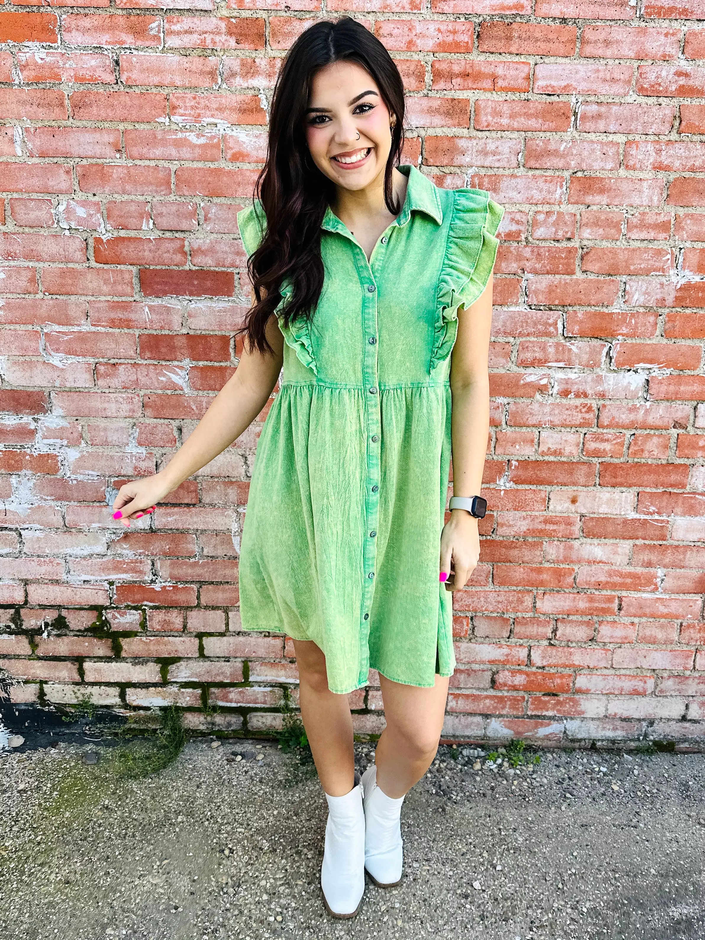 Different Views Button Down Dress  Green