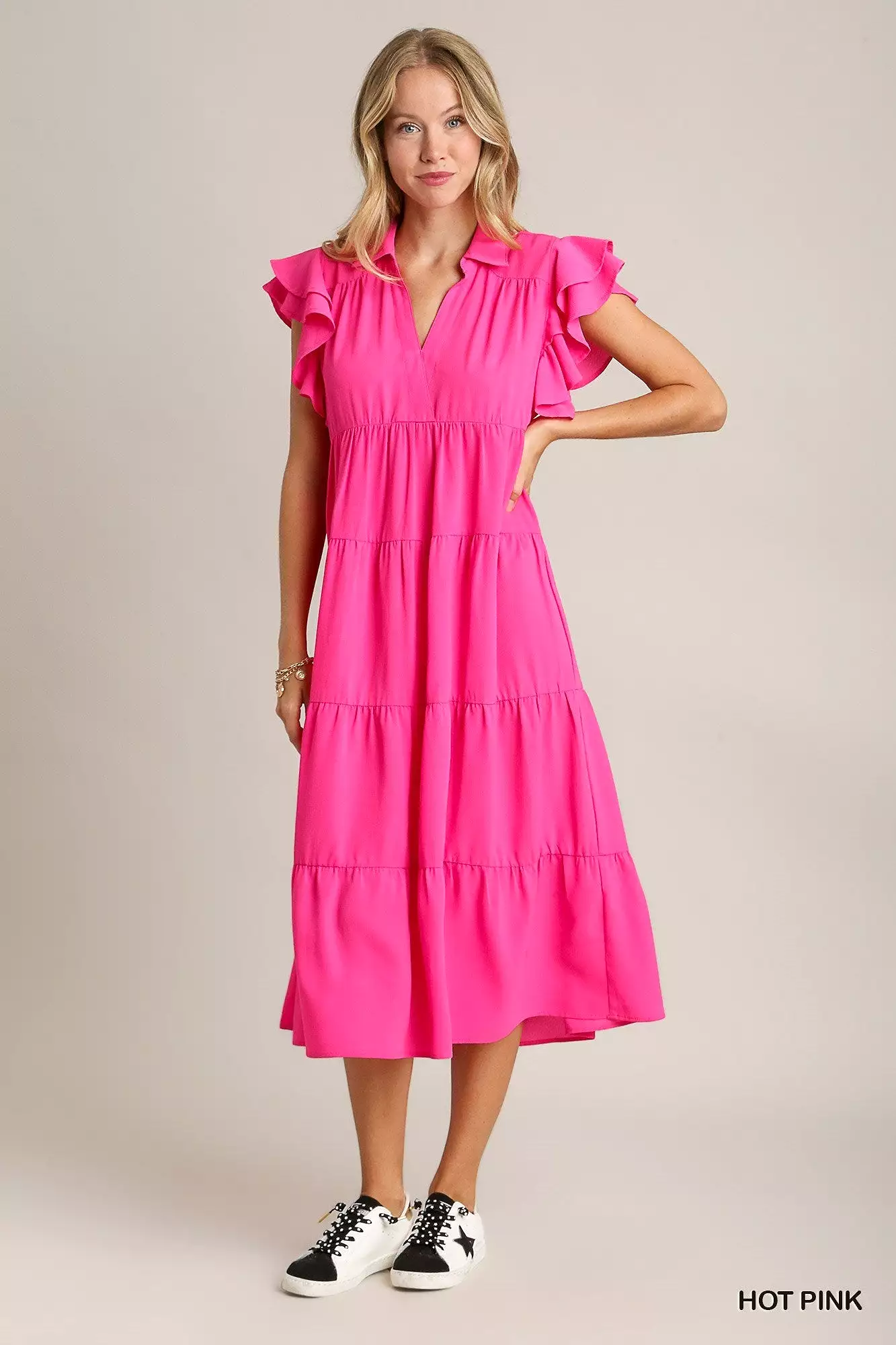 Doing My Best Tiered Midi Dress  Hot Pink