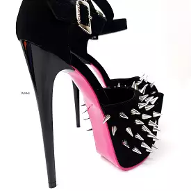 Double Ankle Strap Black Suede Spike Heels