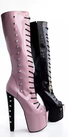 Double Coloured Pink Black Spiked Mid Calf Boots