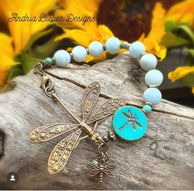 Dragonfly. Aquamarine stone, dragonfly charm, bronze metal bracelet.