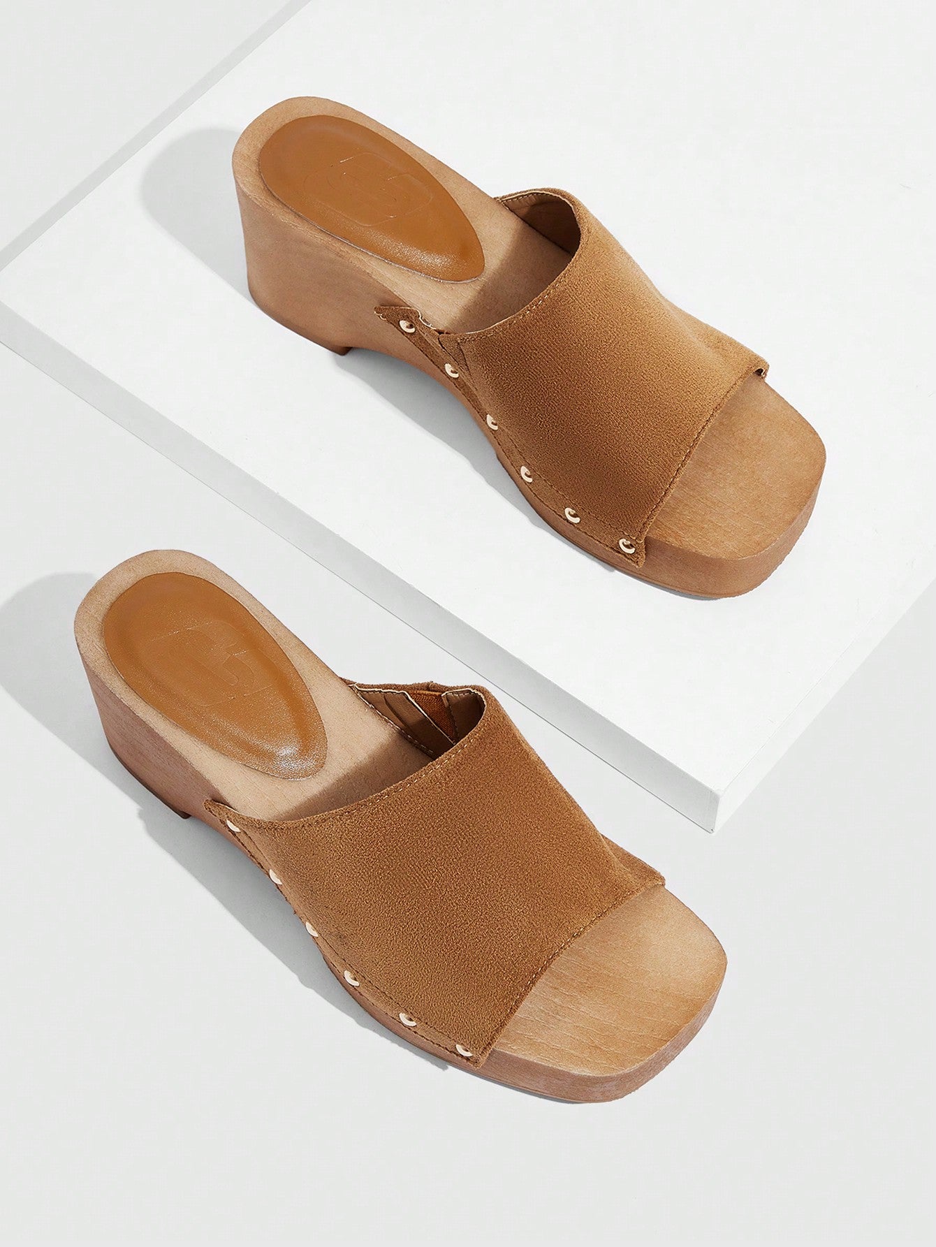 Elegant Brown Wedge Slide Sandals For Woman Shoes, Studded Decor Stitch Detail Sandals For Spring And Summer