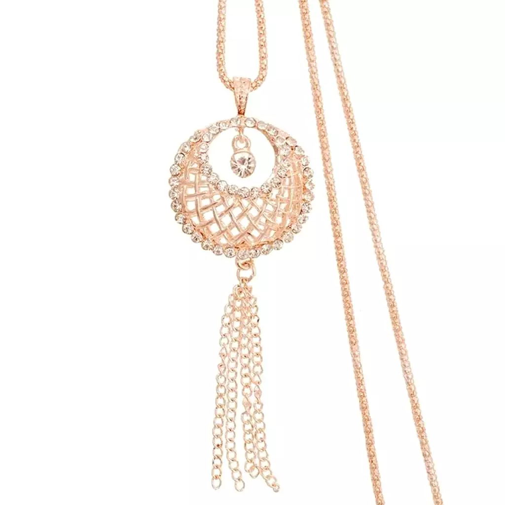 Gold and Crystal Lattice Basket Long Necklace