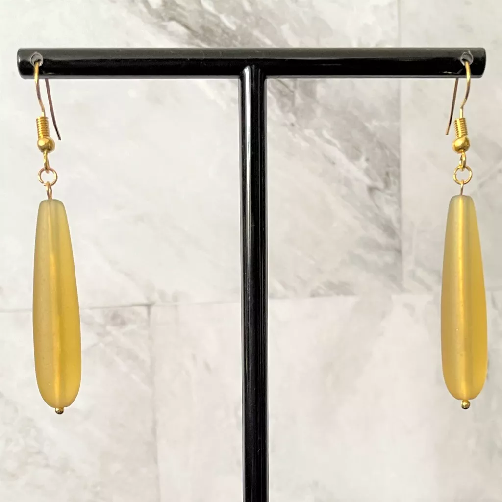 Gold Matte Glass Long Teardrop Earrings