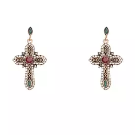 Gold Ornate Crystal Religious Cross Earrings