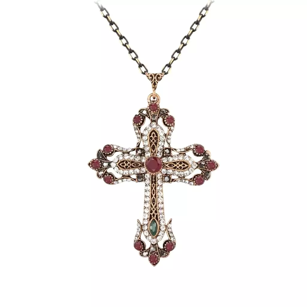 Gold Ornate Crystal Religious Cross Necklace