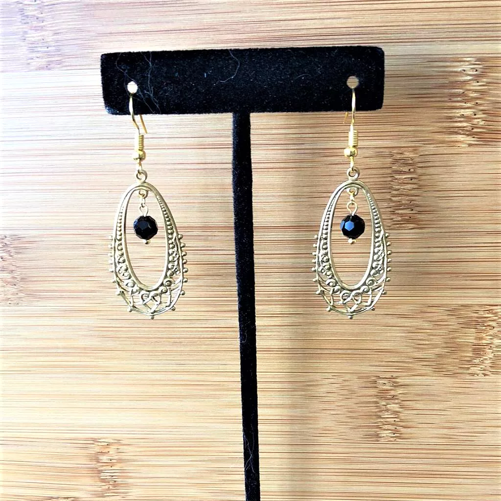 Gold Ornate Oval and Black Crystal Drop Earrings