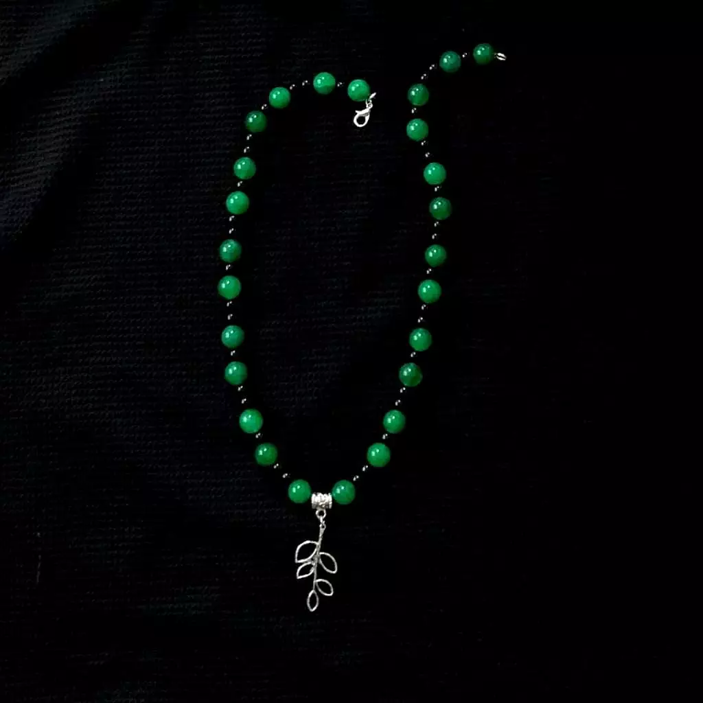 Green Agate and Black Onyx Beaded Necklace With Silver Leaf Charm