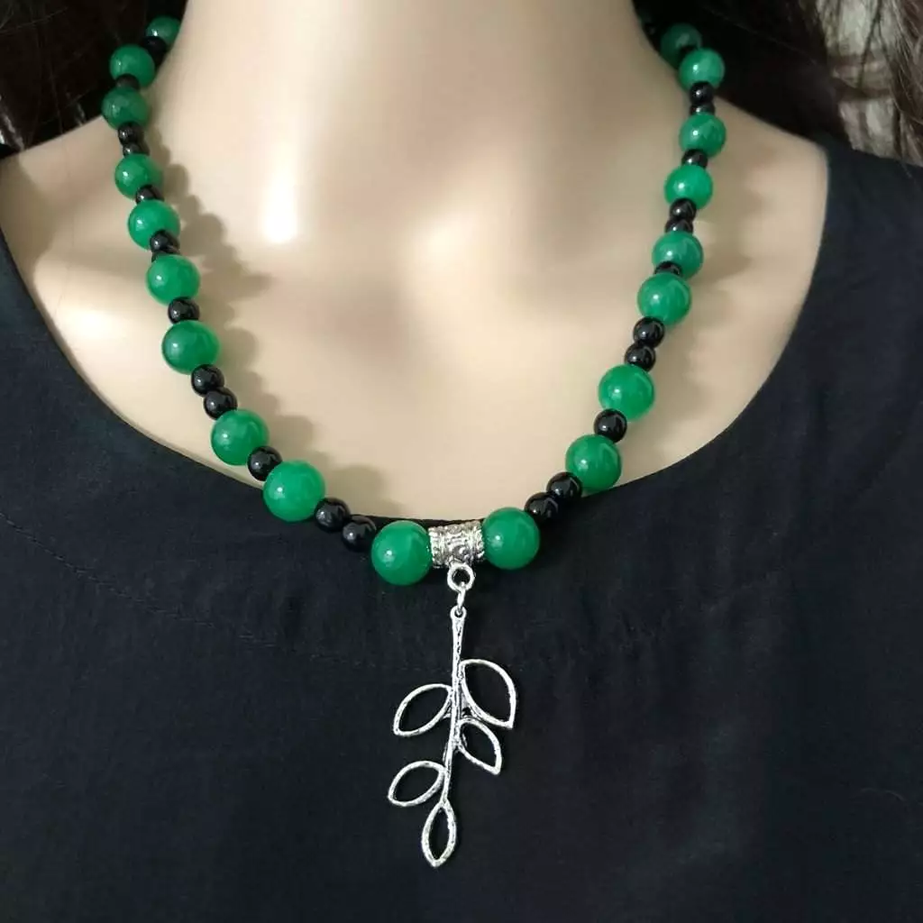 Green Agate and Black Onyx Beaded Necklace With Silver Leaf Charm