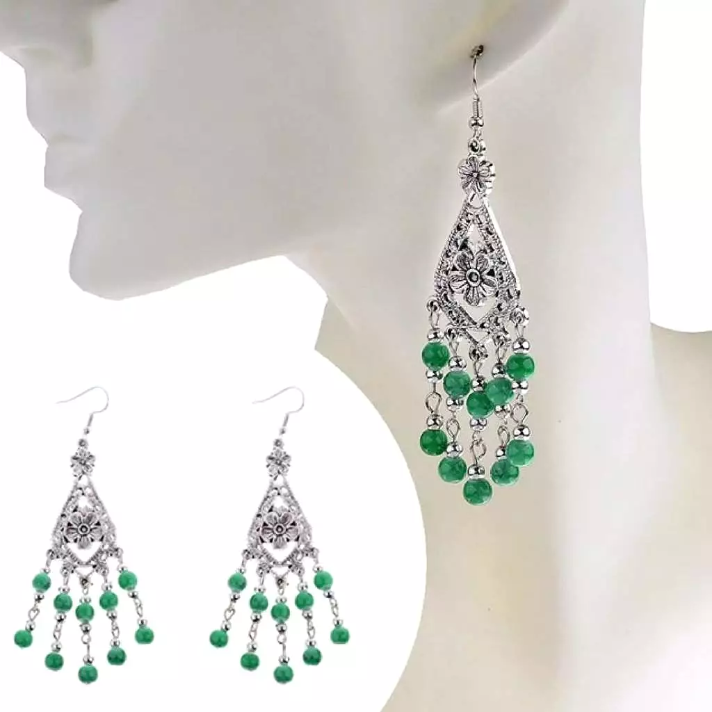 Green and Silver Beaded Flower Dangle Earrings