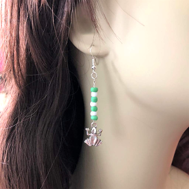 Green and White Beaded Frog Dangle Earrings