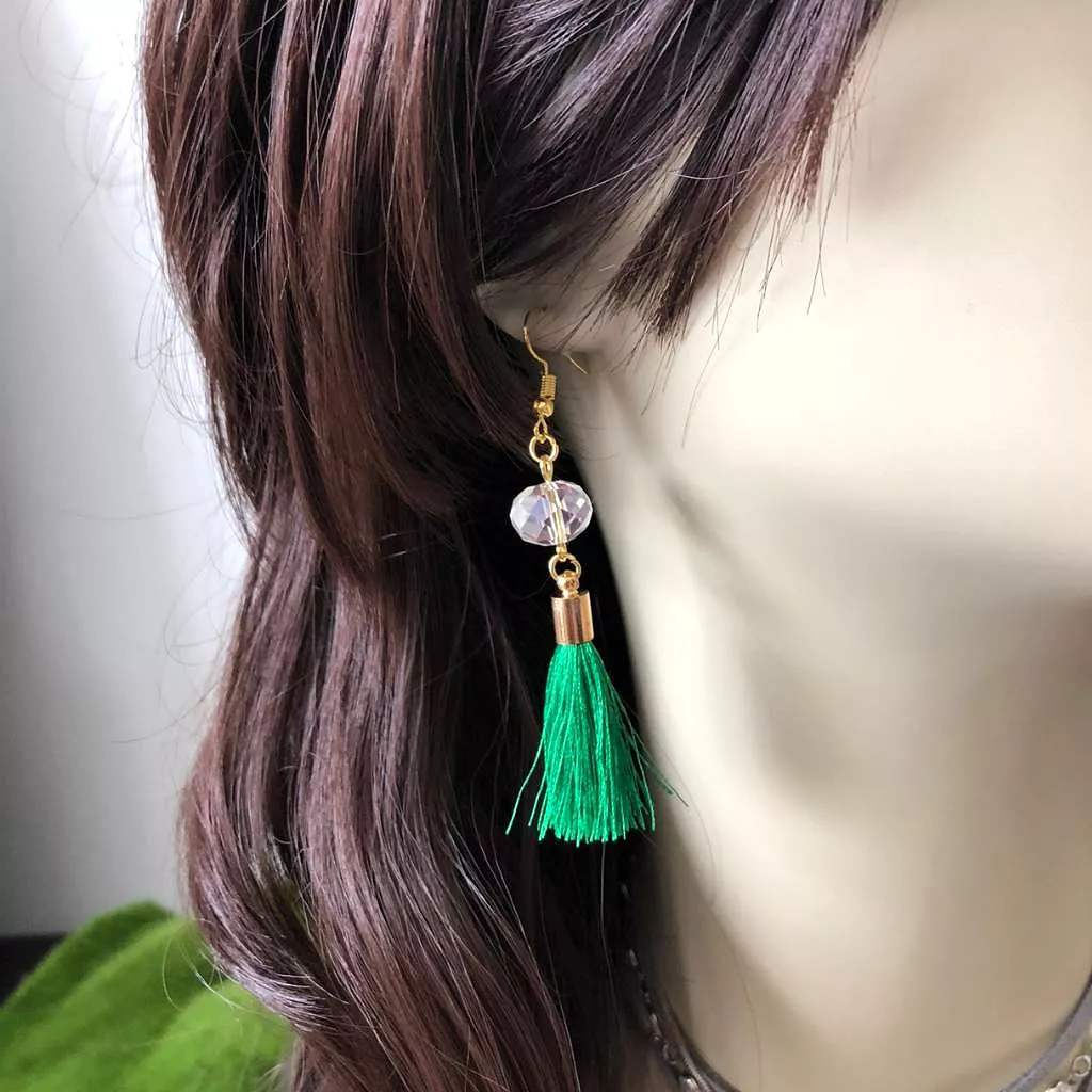 Green Tassel and Clear Crystal Dangle Earrings