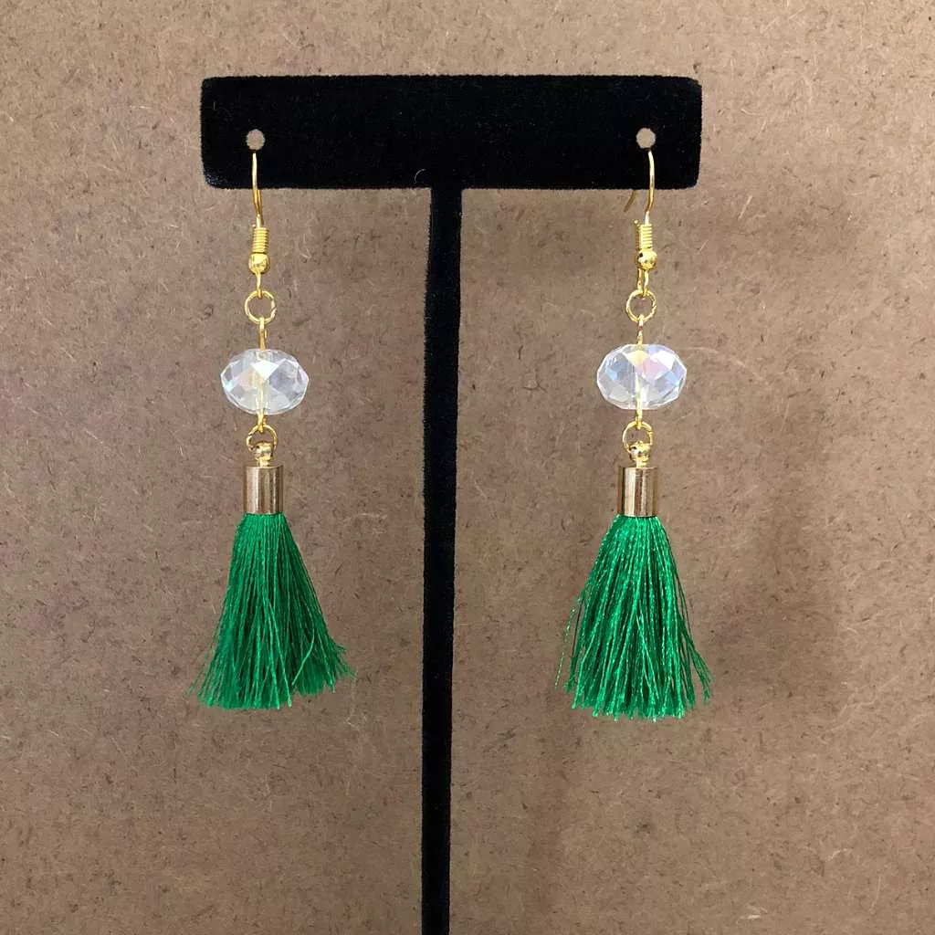 Green Tassel and Clear Crystal Dangle Earrings