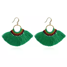 Green Tassel Fan Dangle Earrings