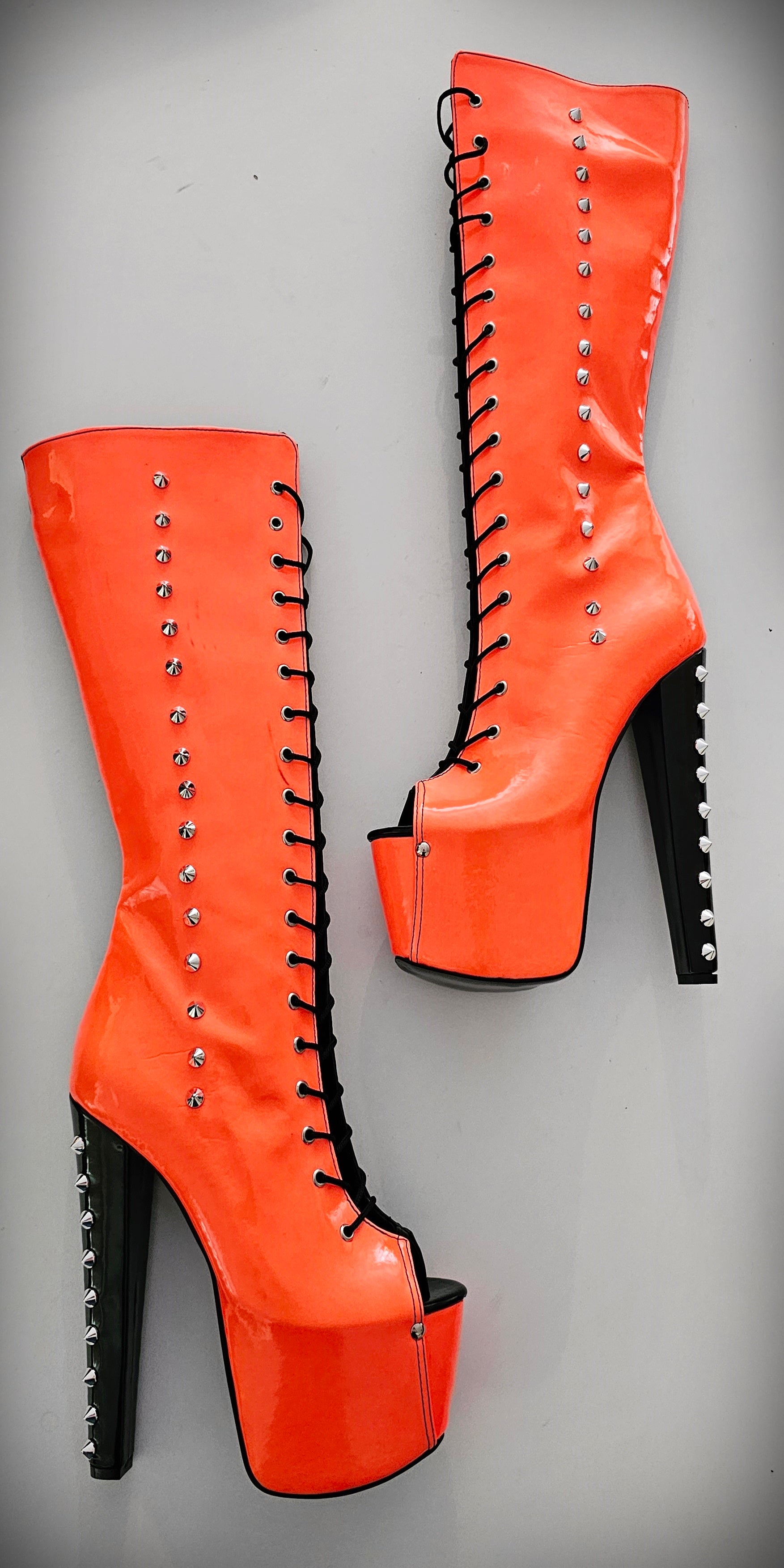 Halloween Orange Black Spiked Mid Calf Boots