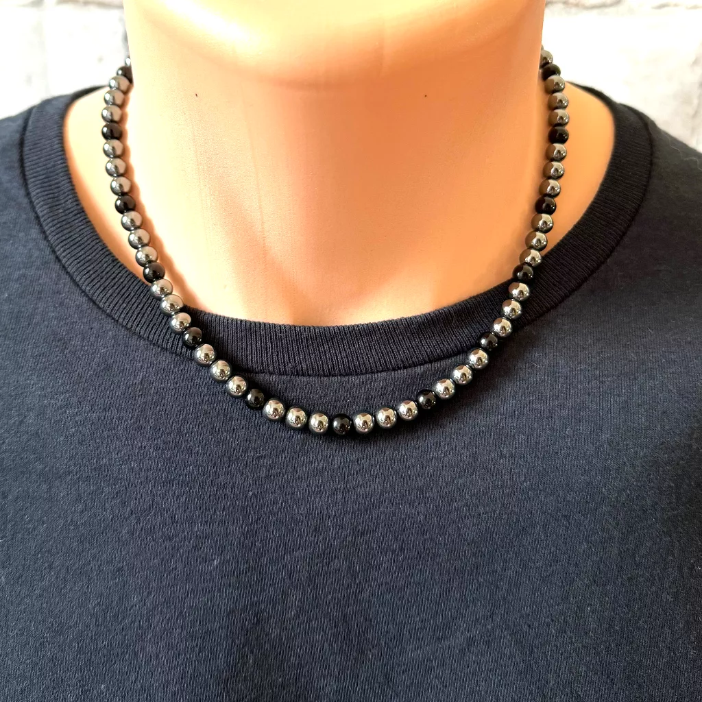 Hematite and Black Onyx Mens Beaded Necklace