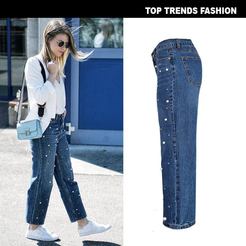 High Waist Flared Trousers Pearl Studded  Loose Jeans