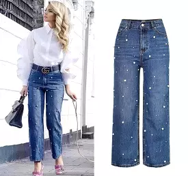 High Waist Flared Trousers Pearl Studded  Loose Jeans