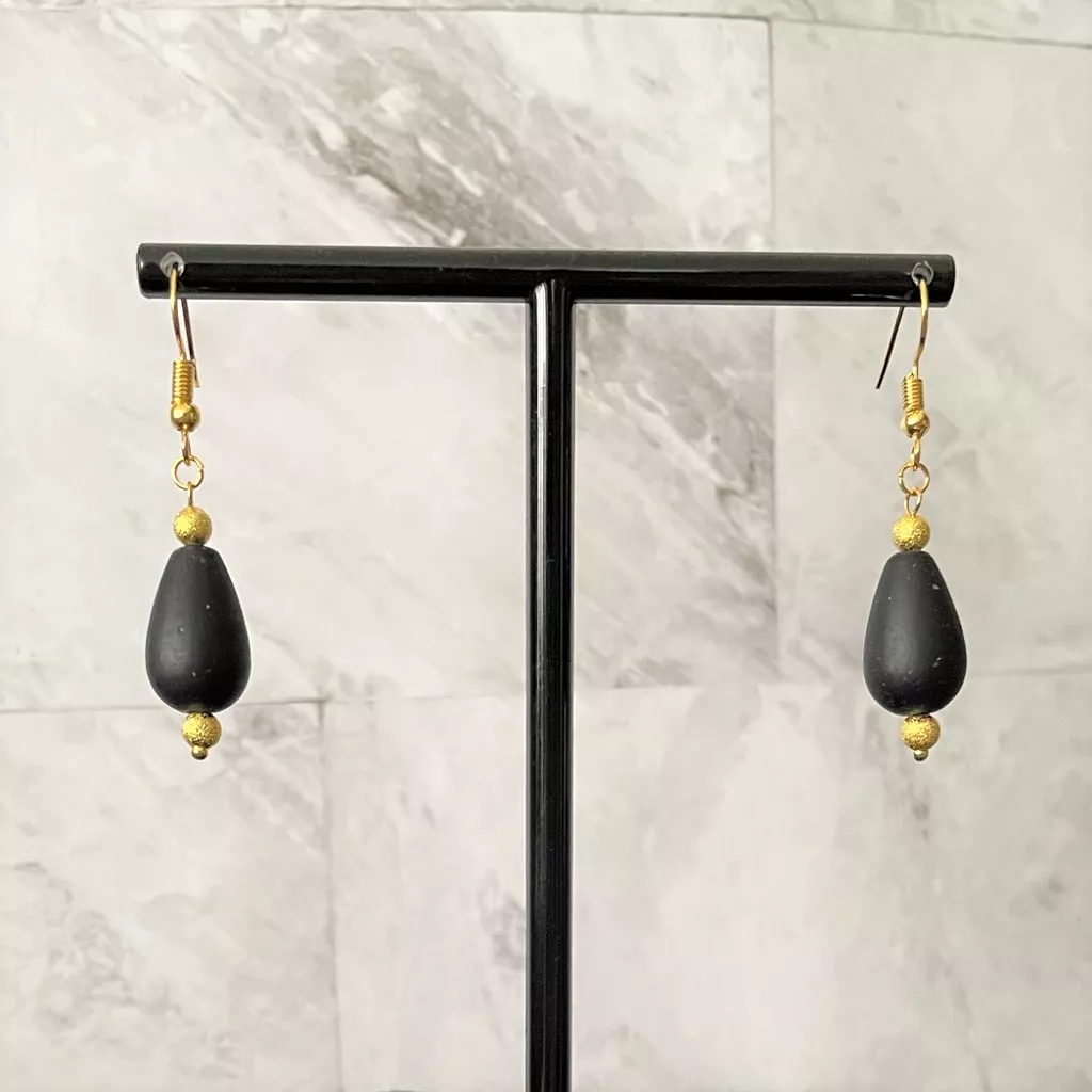 Jet Black Glass and Gold Teardrop Dangle Earrings