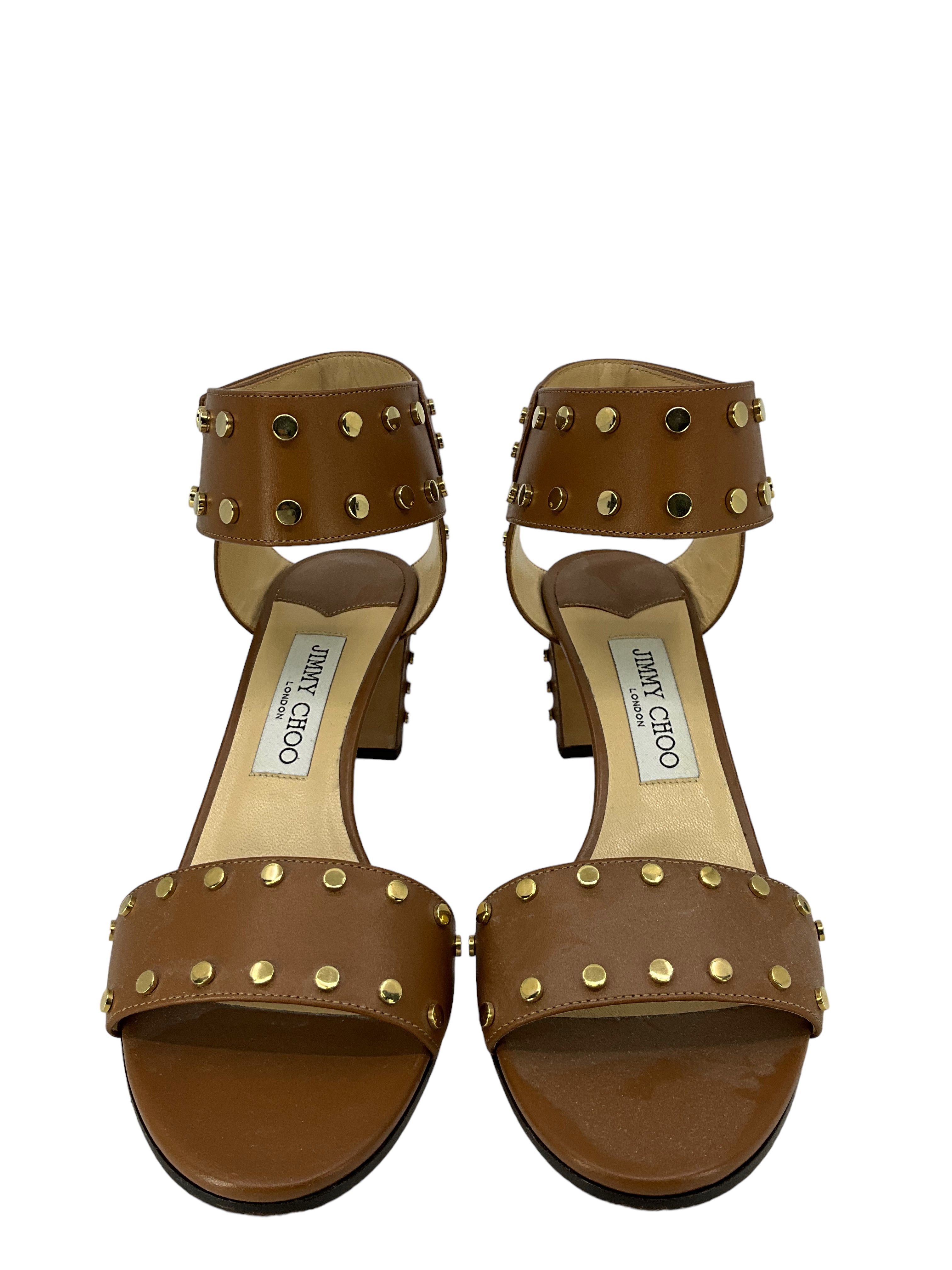 Jimmy Choo Brown Leather Gold Studded Sandals Size 8.5