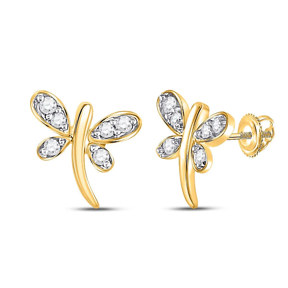 Keene Jewelers 10kt Yellow Gold Womens Round Diamond Dragonfly Butterfly Bug Stud Earrings 1/20 Cttw