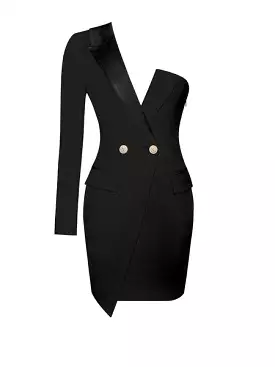 Keep One Up One Sleeved Black Crepe Tuxedo Blazer Dress