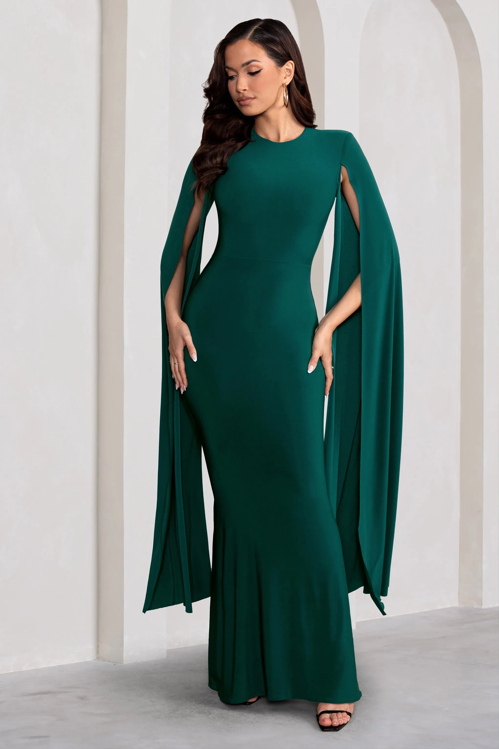 Kimmy | Bottle Green High Neck Maxi Dress With Cape Sleeves