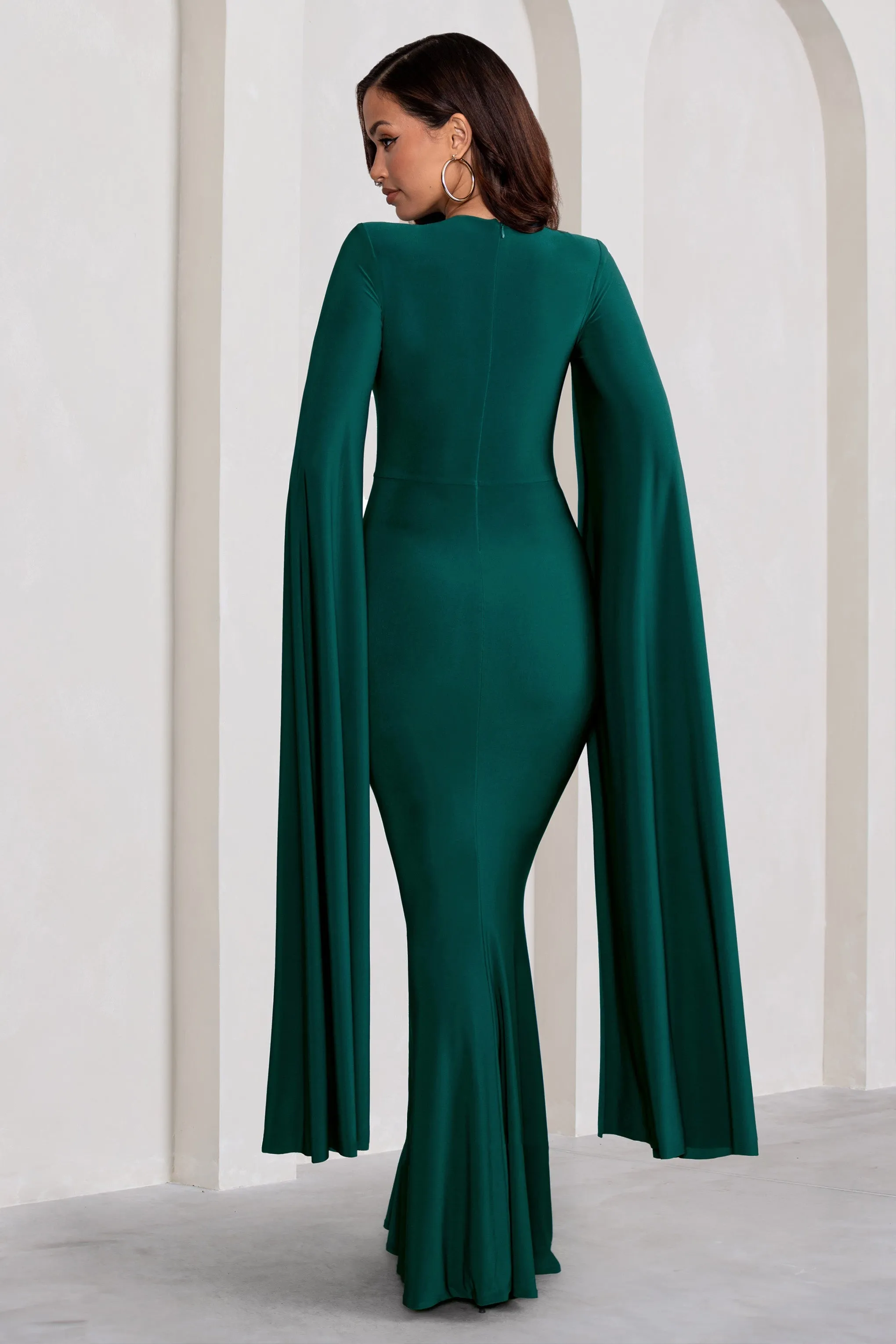 Kimmy | Bottle Green High Neck Maxi Dress With Cape Sleeves