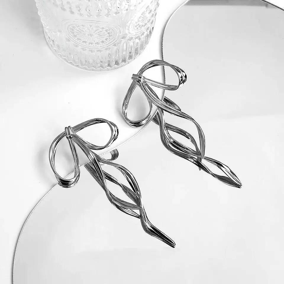 Large Silver Ribbon Earrings