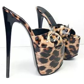 Leopard Gloss Spike Studded High Heel Mules